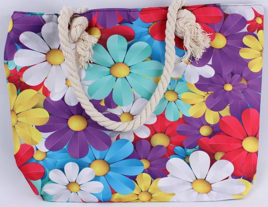 Colourful Daisy design carry bag with solid base, rope handles & zip. Style: AL/4813